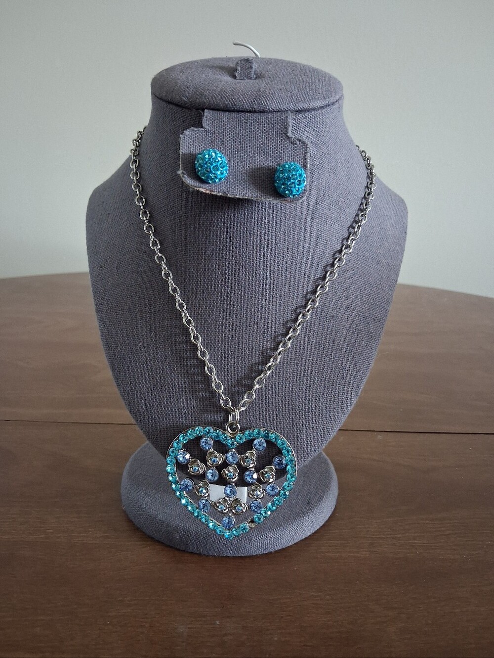 Blue Cubic Zirconia Heart Pendant Necklace and Stud Earrings Set